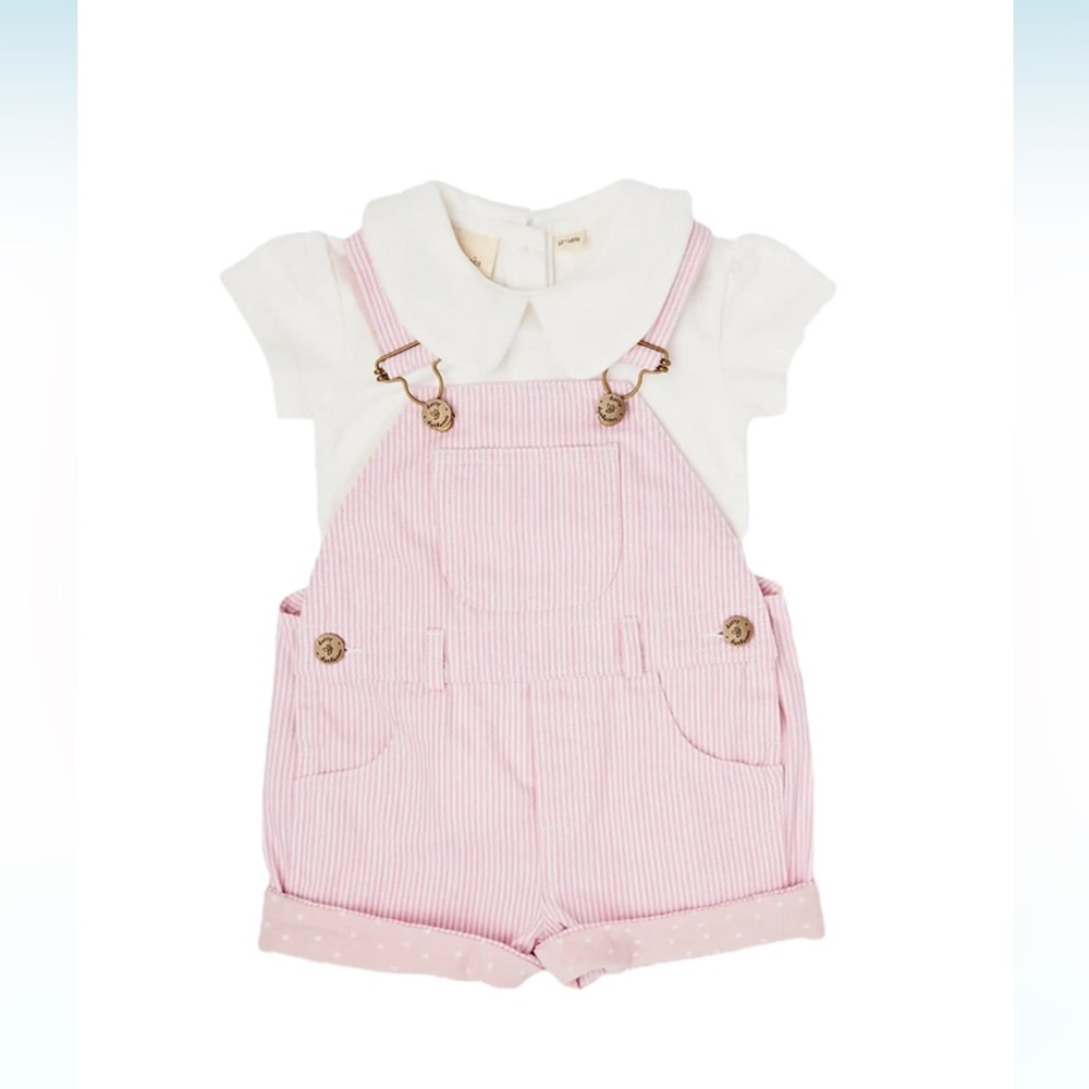 Dotty Dungarees Pink White Striped Cotton short Overalls Preppy 3-4 - Picture 3 of 8